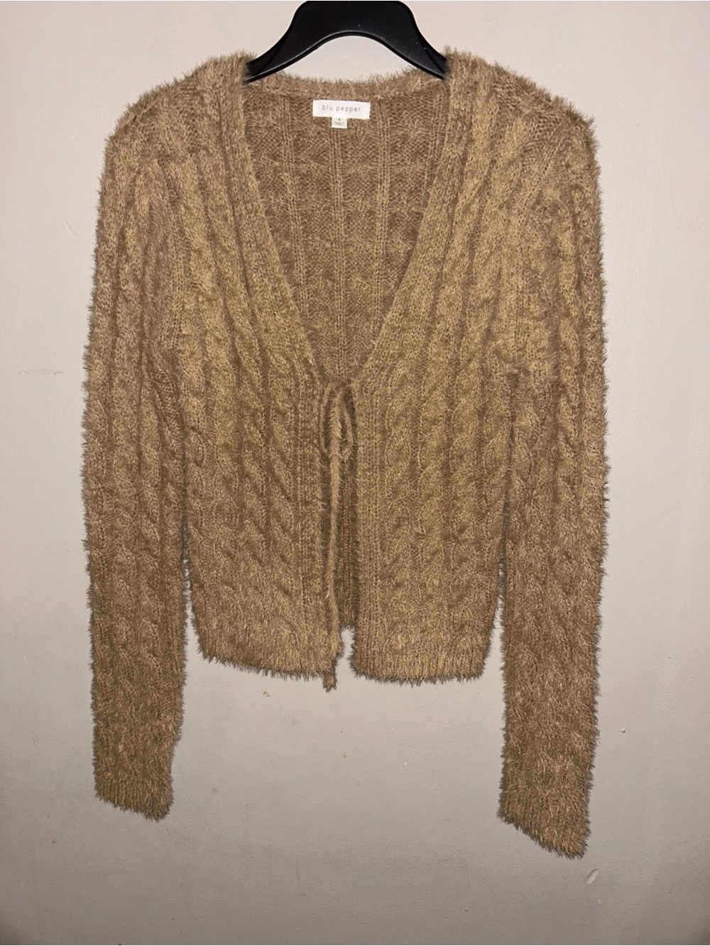 Blu Pepper Sweater - tan cable knit fuzzy tie front